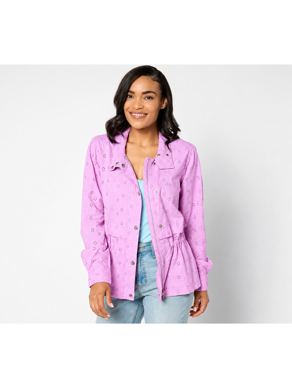 Dennis Basso Cotton Eyelet Anorak Zip-Front Jacket Lovely Lilac, Regular X-Large